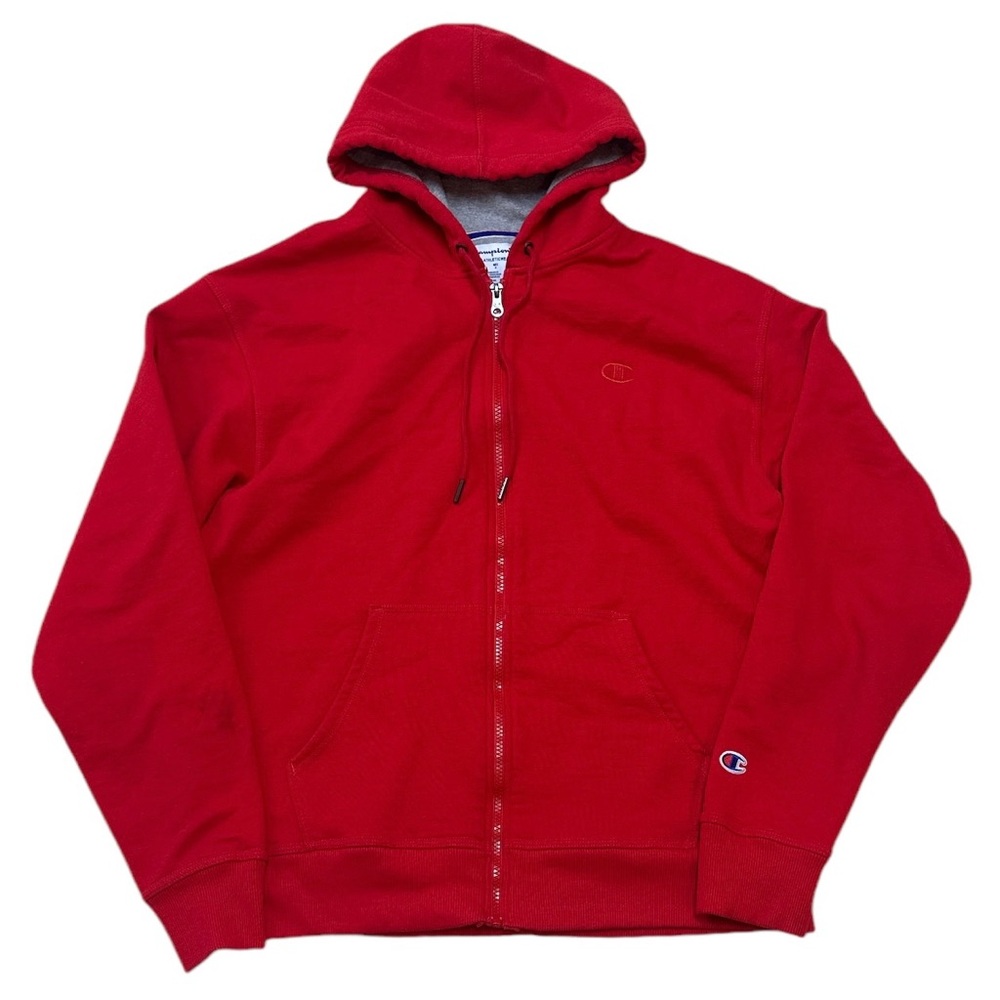 Champion Fleece Hoodie Men’s L Red Blue Full Zip Classic Logo Outdoor Sweater